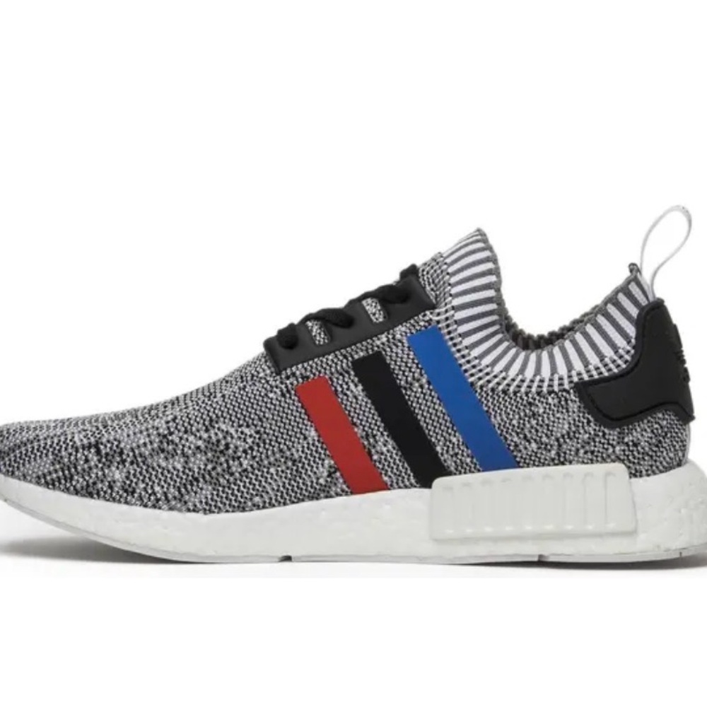 Adidas Men’s Grey Knit Sneaker with Red & Blue Stripes